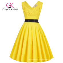Grace Karin sin mangas cariño V-Back High Stretchy Amarillo 50s Retro Vintage Pin Up Vestido CL008948-3